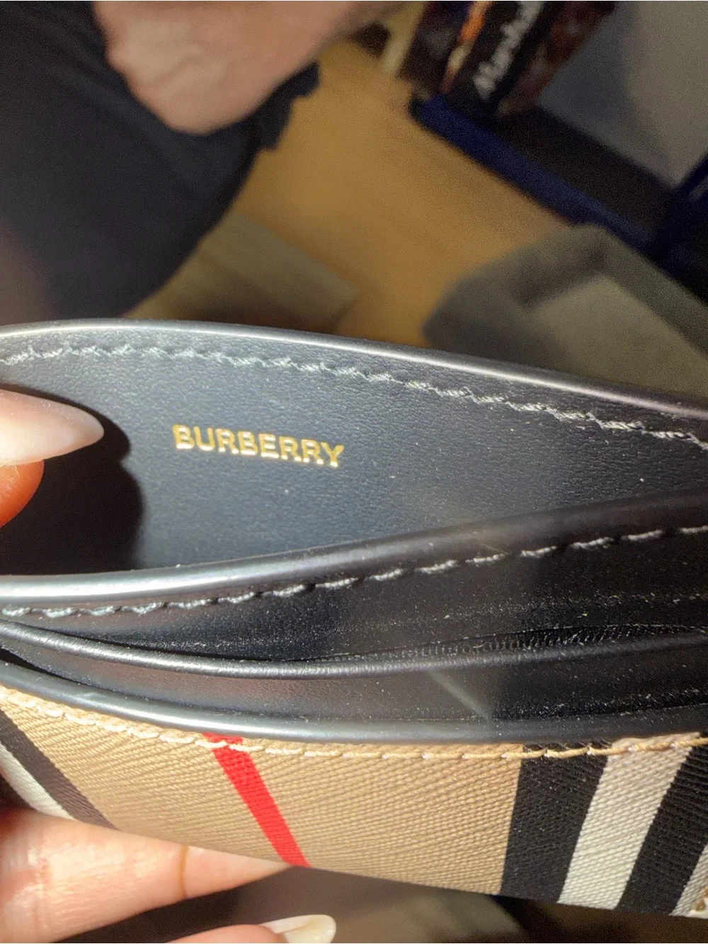 Burberry Beige Stripe Card Holder with Black and Red Accents